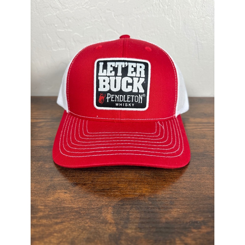 Pendleton Whisky Let'er Buck Red White Mesh Trucker Hat Snapback Cap Mens
